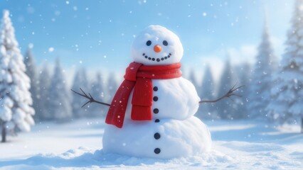 Fototapeta premium Happy snowman with a red scarf and twigs for arms, amidst a snowy winter landscape