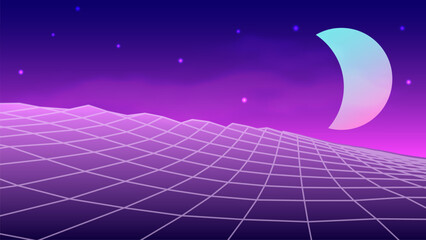 Abstract perspective background in retro style. 3D wireframe vector mesh against a sunny backdrop.