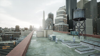 From a rooftop, the city skyline is illuminated by the fading sun, revealing towering buildings and a water tower. The atmosphere is serene with a sense of urban life below.