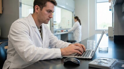 Scientist using laptop conducting research in laboratory environment
