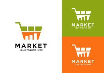 Market logo design featuring a shopping cart and growth chart. Vector graphics for financial investment, accounting, and marketing logo designs. Symbols, icons, and creatives.