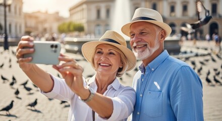Senior couple taking selfie outdoors smiling happy leisure