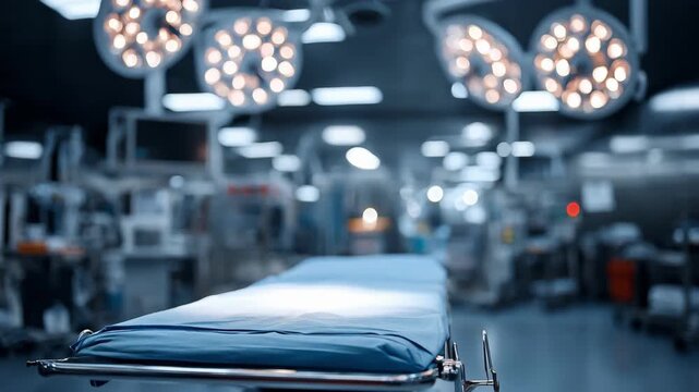 Sterile outpatient operating room with surgical table and overhead lights focused background blurred highlighting general surgery setup essentials.
