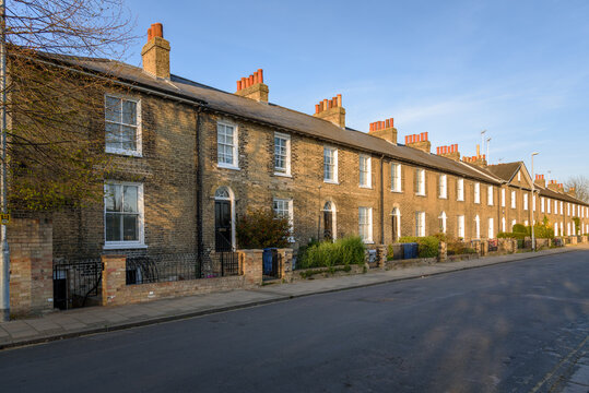 Traditional brick trerraced houses with fenced front gardens and strairs to the front doors along a street in a city centre at sunset in spring