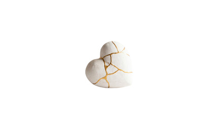 White Ceramic Kintsugi Heart with Gold Cracks isolated PNG with Transparent Background