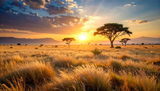 A vibrant savanna scene bathed in golden sunlight, featuring tall grass, acacia trees, and a stunning sunset over distant mountains