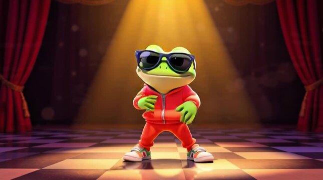 Cool Cartoon Frog Dancing in Orange Tracksuit on Stage Spotlight