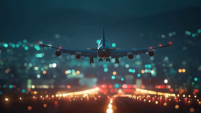 Rear View of Airplane Taking Off Over City Lights at Night
