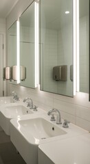 Bathroom sink faucet setup with illuminated mirrors in public restroom