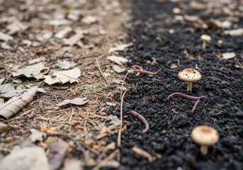 Mushroom growing among soil and leaves with worms in forest floor