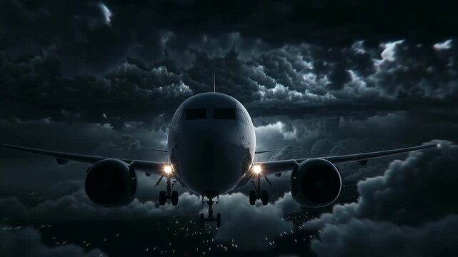 Airplane Flying Through Dark Storm Clouds with Lightning