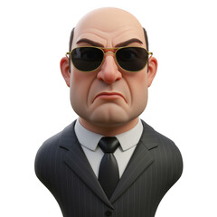 Bald man wearing sunglasses and suit looking serious isolated on a transparent background