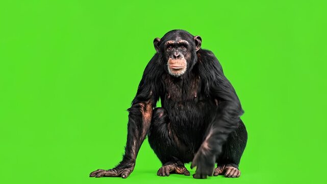 Chimpanzee in front of a green screen, looking at the camera.