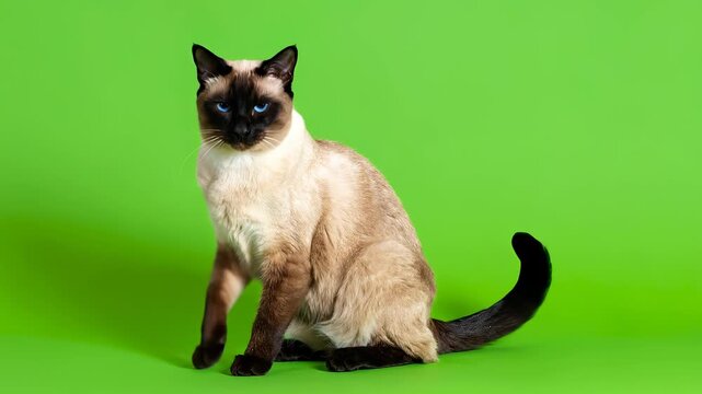 Siamese Cat Posing Gracefully on a Vibrant Green Background.