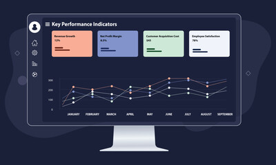 Naklejka premium KPI Dashboard Interface with Business Analytics Charts, SaaS Admin Panel Dark UI Design