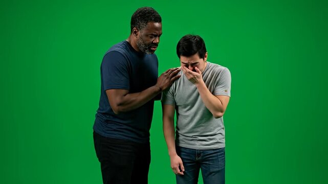 Man comforts another man, showing empathy and support in a difficult situation.