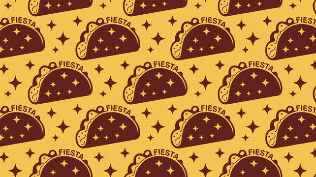 Vibrant fiesta pattern with tacos and stars on yellow background