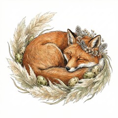 Obraz premium Sleeping red fox curled up in a nest of dried pampas grass and speckled eggs, watercolor illustration