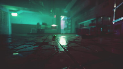 Shadows play on the wet tiles as an eerie glow fills the room. The atmosphere is thick with mystery, revealing glimpses of the surroundings through dim lighting. © icetray