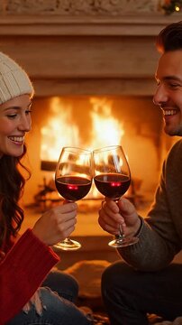 Couple toasting with red wine glasses by a cozy fireplace on a winter evening
