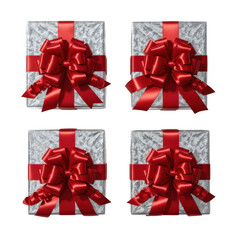 Four silver gift boxes with red ribbons isolated on a transparent background wrapping