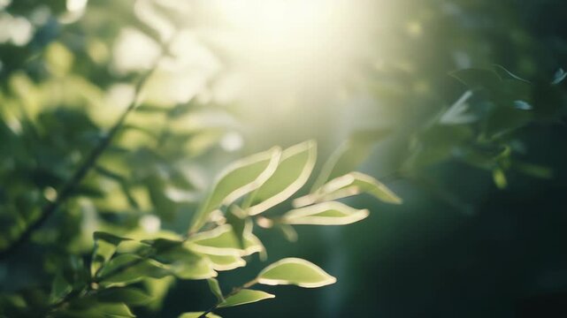 Green leaves on a branching stem glow with natural backlighting as warm sunlight filters through, creating a serene, fresh, and organic background symbolizing growth, ecology, and natural beauty