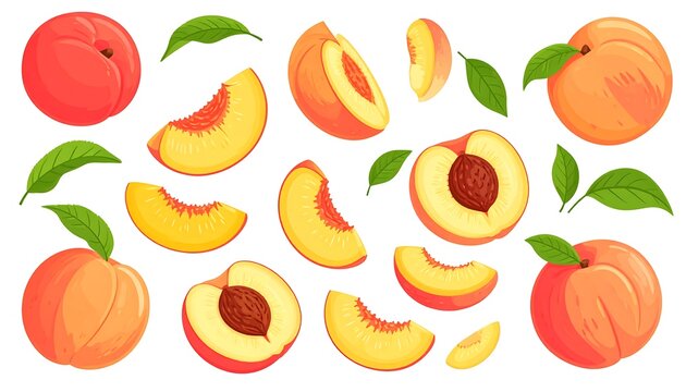 Cartoon peaches collection. Slices, whole fruits, and leaf graphics. Warm tones, vector illustration