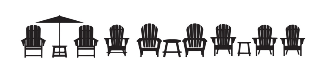 Fototapeta premium Adirondack chair and umbrella vector illustration set with beach chairs and side tables for outdoor decor