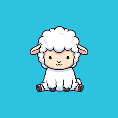Obraz premium Adorable cartoon sheep with fluffy white wool sitting on a blue background.