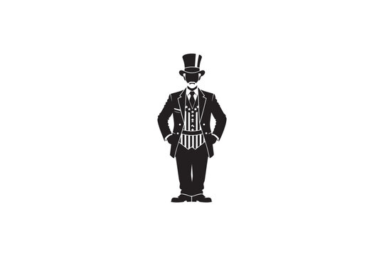 Full body silhouette of a man dressed as uncle sam standing with hands on hips