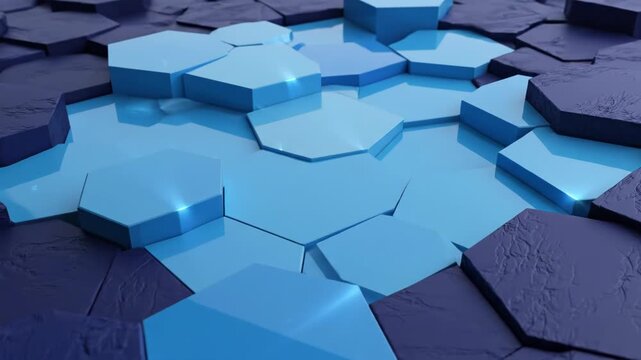 Blue and dark blue hexagons arranged in a puzzle pattern on a flat surface