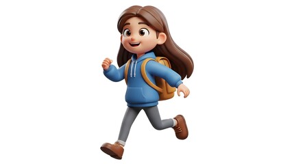 Fototapeta premium A cartoon girl with a backpack running on transparent background