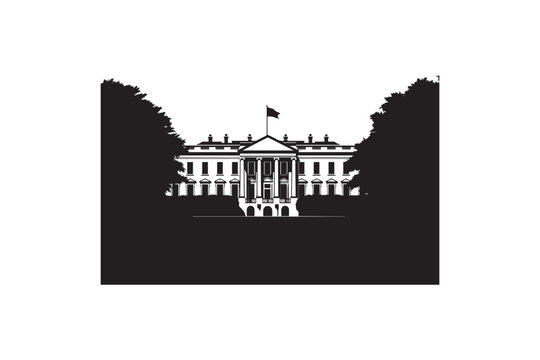 White house silhouette framed by trees with american flag, representing us government