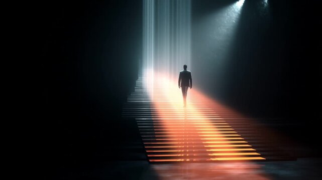 Businessman Ascending Staircase Towards Light of Success