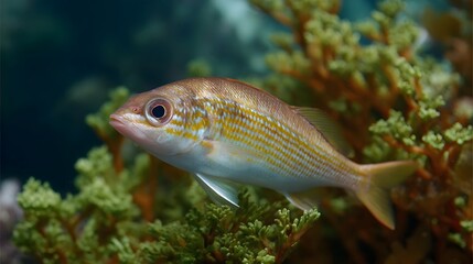 Fototapeta premium Detailed close up of a golden striped fish swimming calmly amidst vibrant coral reef in its natural underwater marine habitat