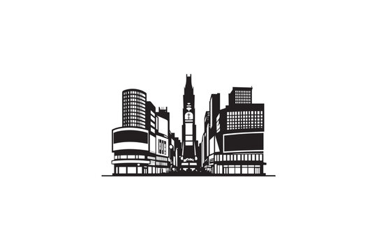Times square new york city skyline silhouette, famous urban cityscape with tall buildings