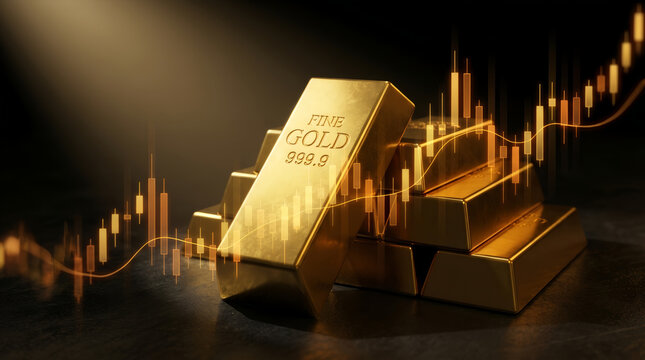 Gold bars with financial charts in background. Banner template for investment strategy in precious metals and wealth management, banking services and economics with copy space