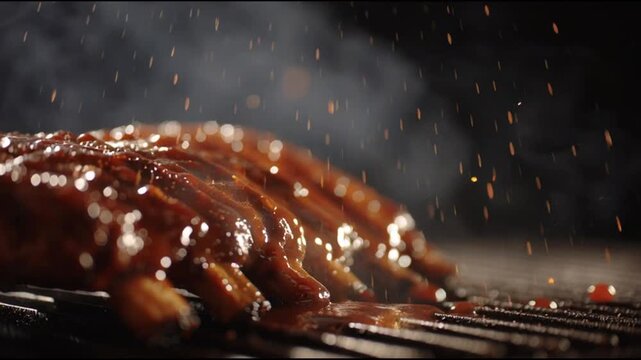 Barbecue ribs on a grill with sauce.