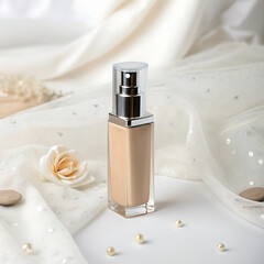 Foundation makeup bottle on white satin with pearls and cap