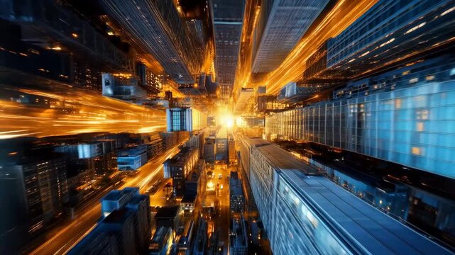 High speed aerial dive through downtown skyscrapers with glowing light trails into bright central flare