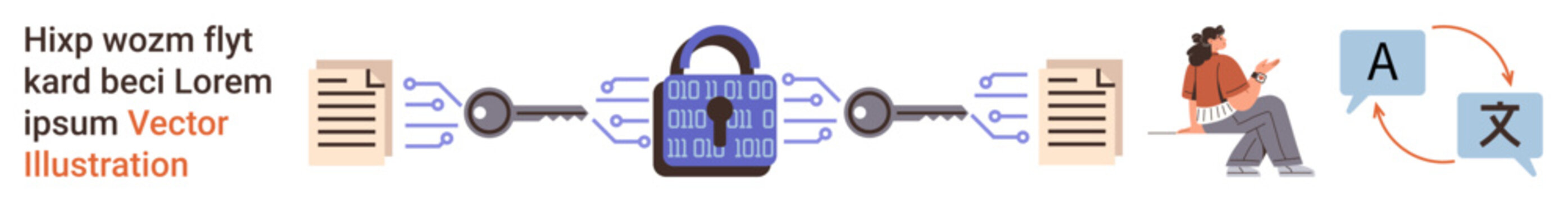 Data security, encryption, language processing, file transfer, authentication, communication. Locked data shared between files with language translation. Data security and encryption concept