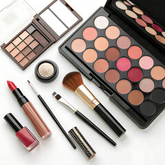 Makeup brushes and palettes on white background