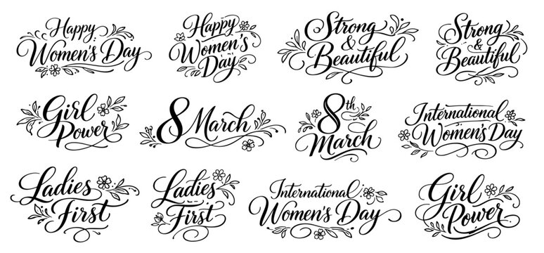 Hand drawn calligraphy lettering collection for international women day. Elegant script typography with floral decorations