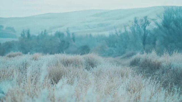 Delicate frosted grass blades standing in a cold winter field under a soft, serene atmosphere, showcasing the beauty of a chilly morning landscape with icy details