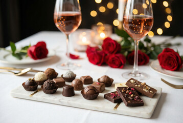A romantic table setting with chocolates, ros&eacute; wine, red roses, and candles.