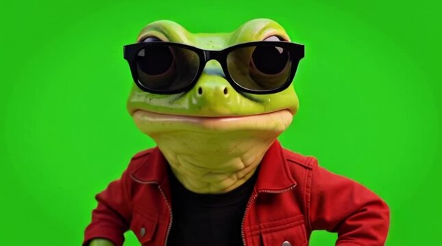 Cool Frog in Sunglasses and Red Jacket Dancing on Green Screen