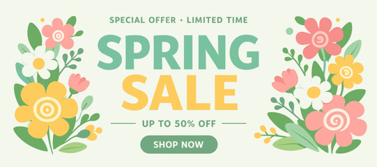 Spring sale banner with floral decoration and promotional text. Seasonal marketing illustration in flat style