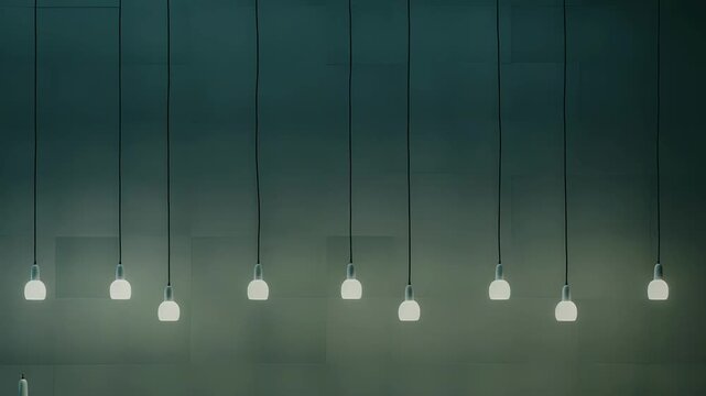 Hanging pendant lights create a soft glow over a clean, minimalist counter with simple ceramic objects, contributing to a calm and modern interior design atmosphere