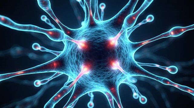 A detailed illustration of a neuron with glowing synapses