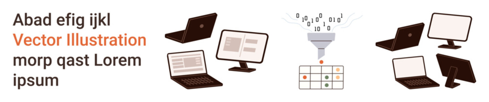 Digital workflow, information processing, data management, technology tools, communication, remote work. Multiple laptops and monitors surround a data funnel connected to a grid. Digital workflow